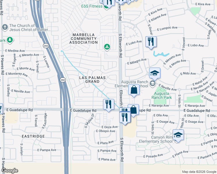 map of restaurants, bars, coffee shops, grocery stores, and more near Palm Circle in Mesa