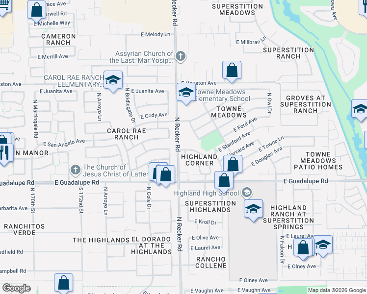 map of restaurants, bars, coffee shops, grocery stores, and more near 937 North Joshua Tree Lane in Gilbert