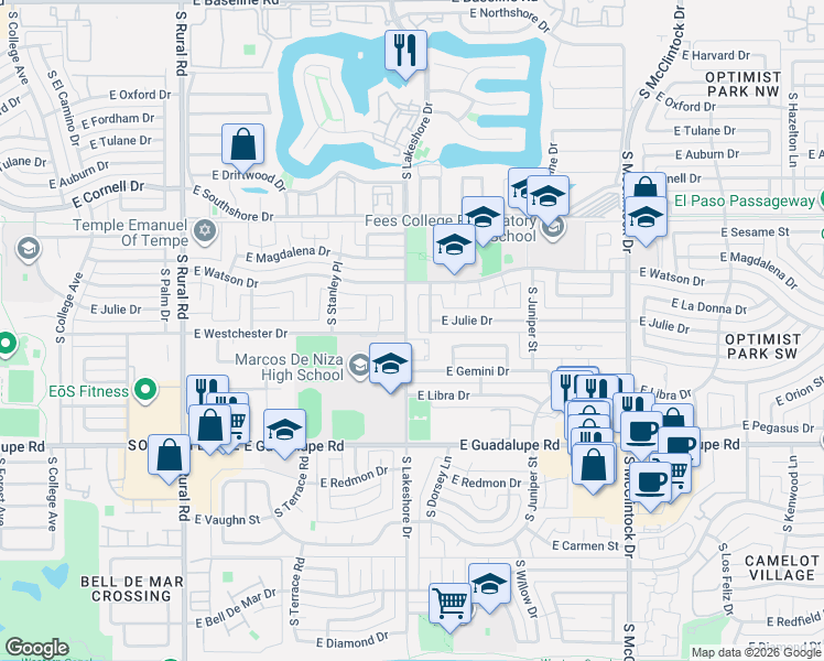 map of restaurants, bars, coffee shops, grocery stores, and more near 5935 South Lakeshore Drive in Tempe