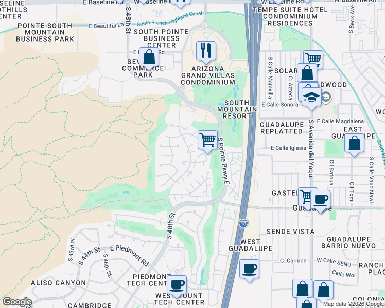 map of restaurants, bars, coffee shops, grocery stores, and more near 8646 South 48th Street in Phoenix