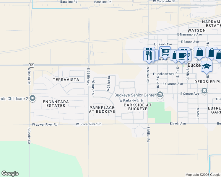 map of restaurants, bars, coffee shops, grocery stores, and more near 8722 South 253rd Avenue in Buckeye