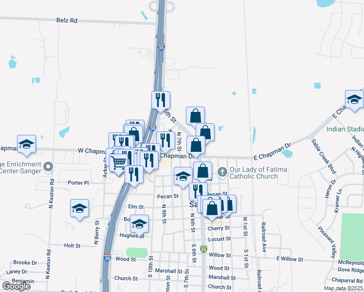 map of restaurants, bars, coffee shops, grocery stores, and more near 909 North 7th Street in Sanger