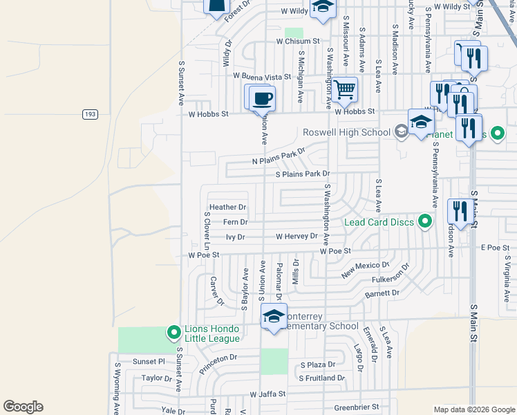 map of restaurants, bars, coffee shops, grocery stores, and more near 1912 South Union Avenue in Roswell