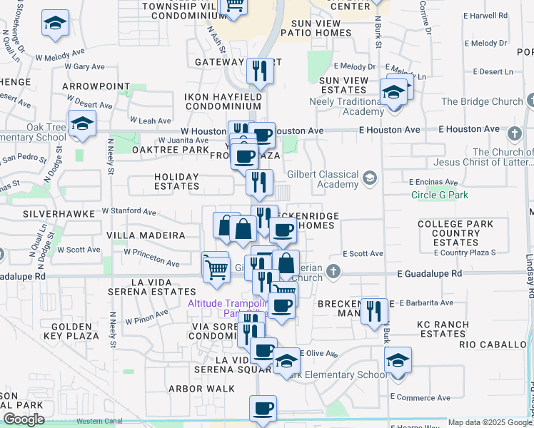 map of restaurants, bars, coffee shops, grocery stores, and more near 979 North Gilbert Road in Gilbert