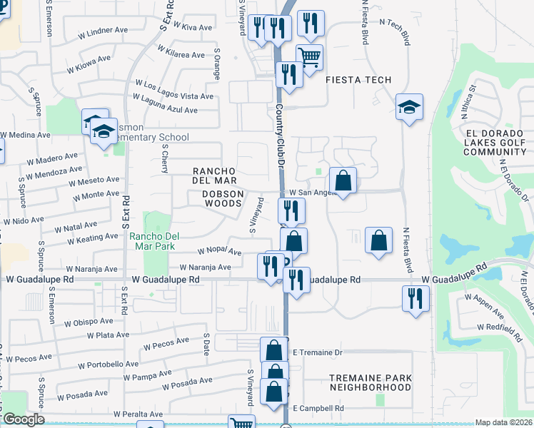 map of restaurants, bars, coffee shops, grocery stores, and more near 434 West Nido Circle in Mesa