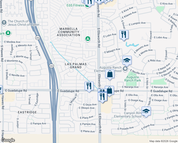 map of restaurants, bars, coffee shops, grocery stores, and more near Palm Circle in Mesa