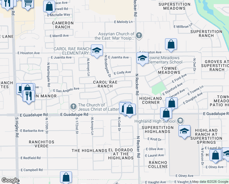 map of restaurants, bars, coffee shops, grocery stores, and more near 3847 East San Remo Avenue in Gilbert