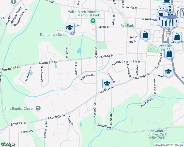 map of restaurants, bars, coffee shops, grocery stores, and more near 3 Georgian Drive in Newnan