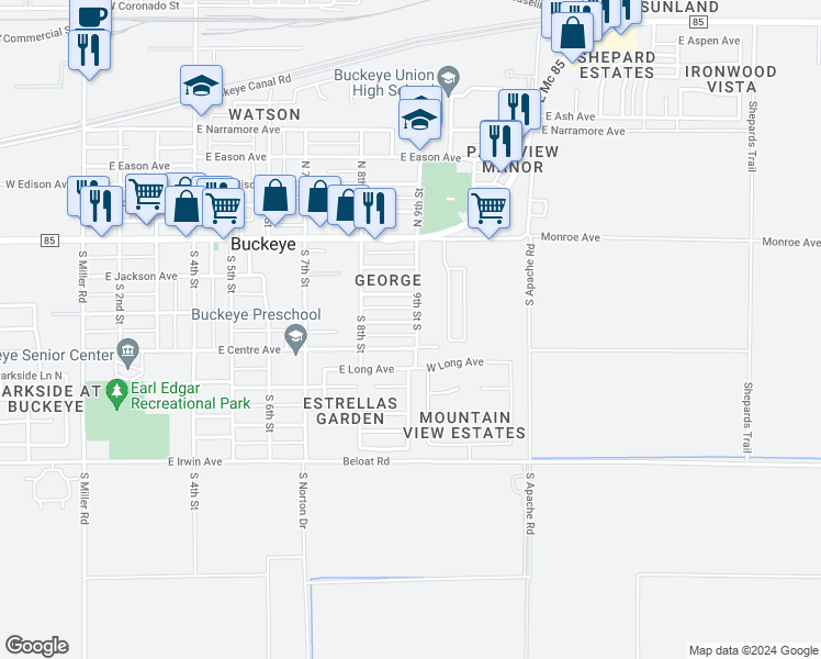 map of restaurants, bars, coffee shops, grocery stores, and more near 819 East Clanton Avenue in Buckeye