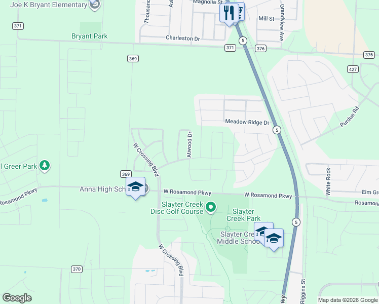 map of restaurants, bars, coffee shops, grocery stores, and more near Meadow Drive in Anna