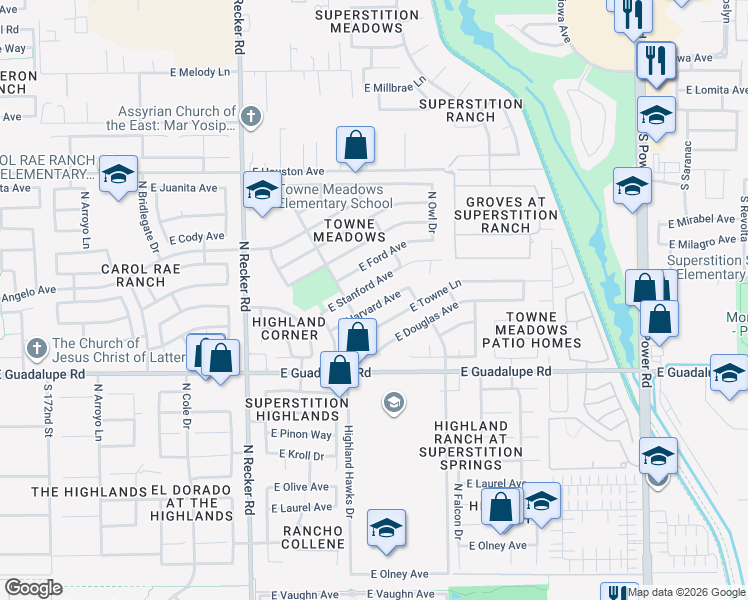 map of restaurants, bars, coffee shops, grocery stores, and more near 4238 East Harvard Avenue in Gilbert