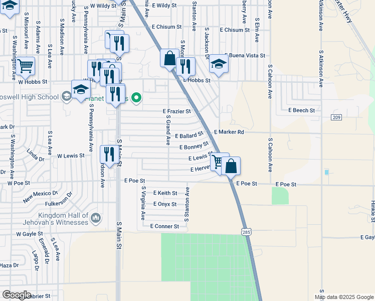 map of restaurants, bars, coffee shops, grocery stores, and more near 316 East Bonney Street in Roswell