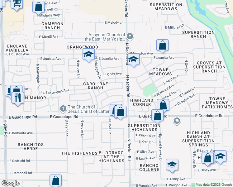 map of restaurants, bars, coffee shops, grocery stores, and more near 3924 East Stanford Avenue in Gilbert