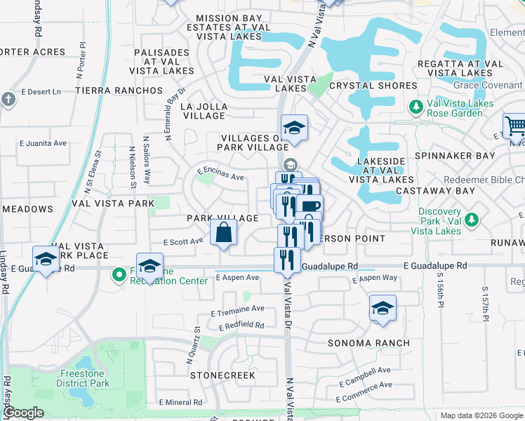 map of restaurants, bars, coffee shops, grocery stores, and more near 1546 East Harvard Avenue in Gilbert