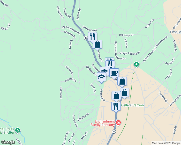 map of restaurants, bars, coffee shops, grocery stores, and more near 100-198 Skylane Road in Ruidoso