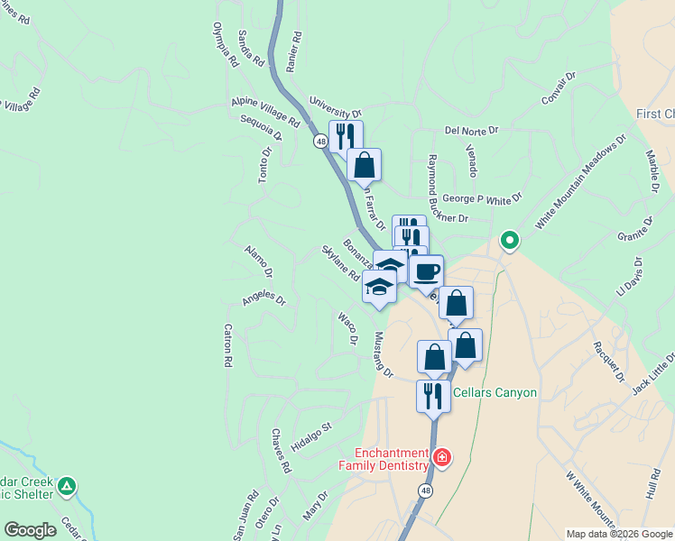 map of restaurants, bars, coffee shops, grocery stores, and more near 100-198 Skylane Road in Ruidoso