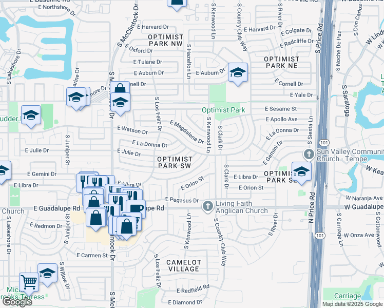 map of restaurants, bars, coffee shops, grocery stores, and more near 1924 East Gemini Drive in Tempe