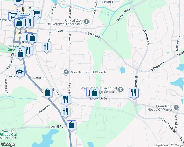 map of restaurants, bars, coffee shops, grocery stores, and more near 40 Paul Street in Newnan