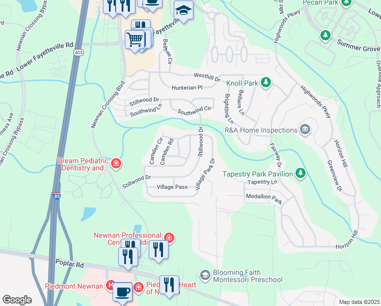 map of restaurants, bars, coffee shops, grocery stores, and more near 91 Camden Village Drive in Newnan