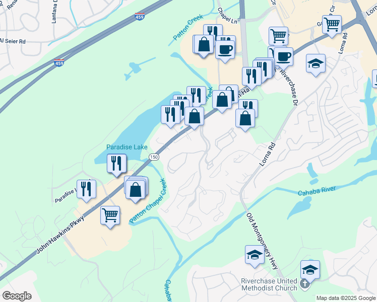 map of restaurants, bars, coffee shops, grocery stores, and more near 5037 Crowne Chase Parkway in Hoover