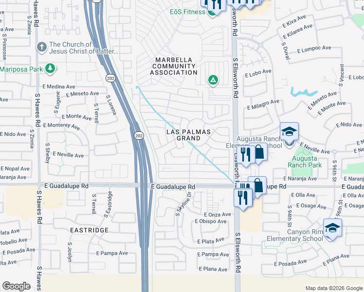 map of restaurants, bars, coffee shops, grocery stores, and more near 2550 South Ellsworth Road in Mesa