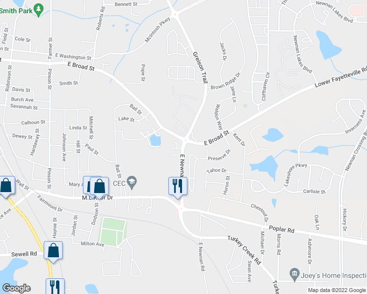 map of restaurants, bars, coffee shops, grocery stores, and more near 8 East Newnan Road in Newnan