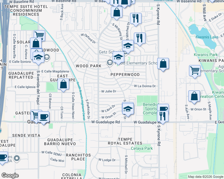 map of restaurants, bars, coffee shops, grocery stores, and more near 834 West Julie Drive in Tempe