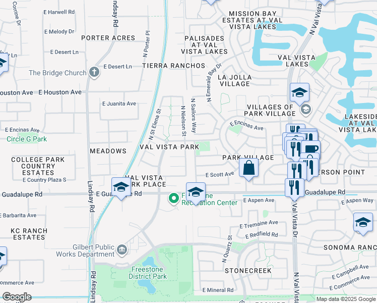 map of restaurants, bars, coffee shops, grocery stores, and more near 941 North Nielson Street in Gilbert