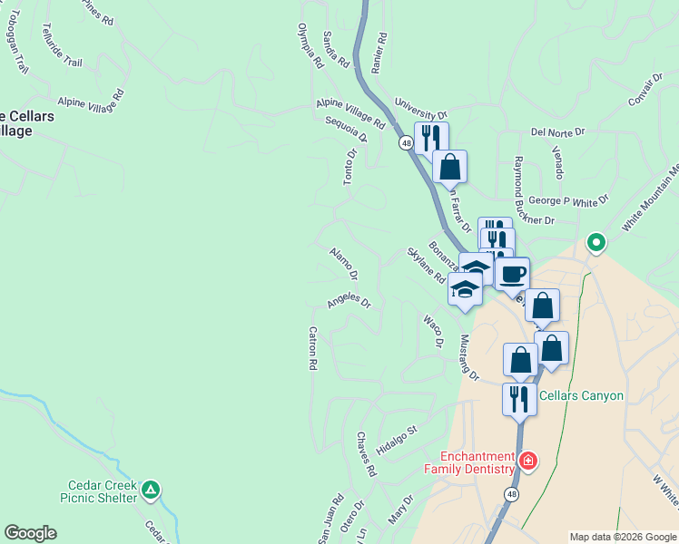map of restaurants, bars, coffee shops, grocery stores, and more near 102 Klamath Road in Ruidoso