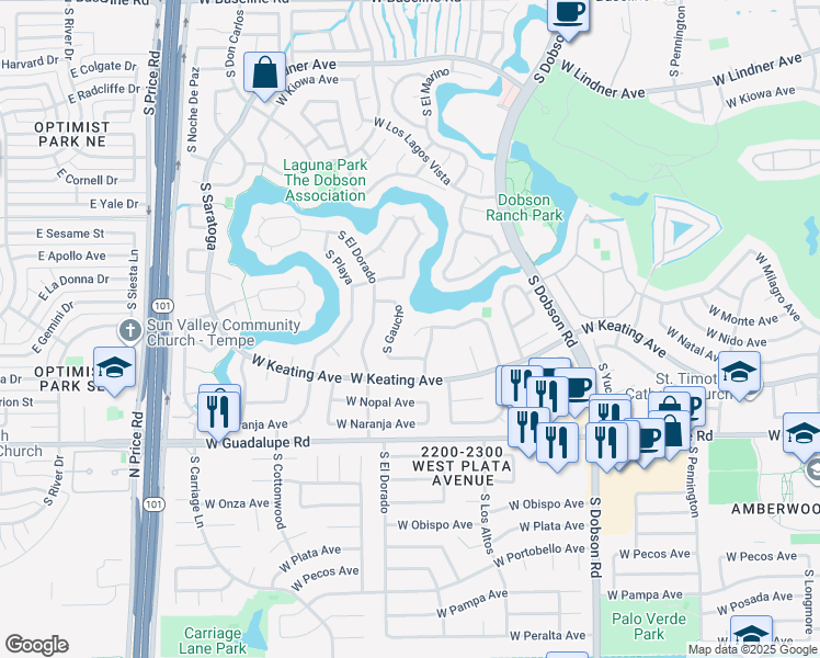 map of restaurants, bars, coffee shops, grocery stores, and more near 2311 West Monterey Circle in Mesa