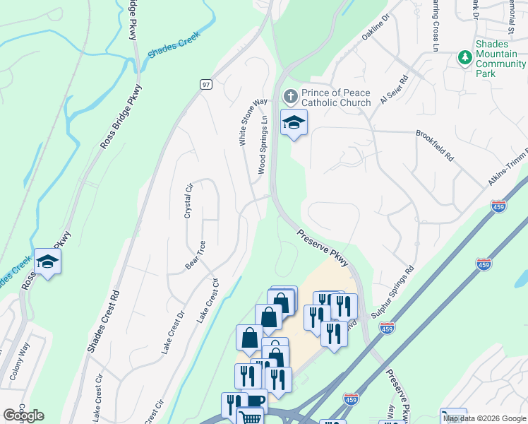 map of restaurants, bars, coffee shops, grocery stores, and more near 644 White Stone Way in Birmingham