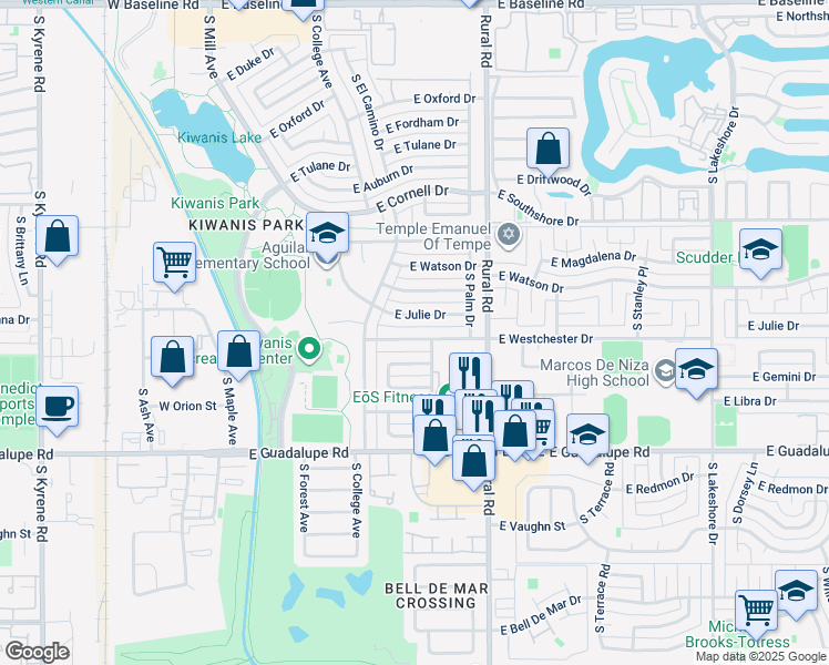 map of restaurants, bars, coffee shops, grocery stores, and more near 508 East Westchester Drive in Tempe