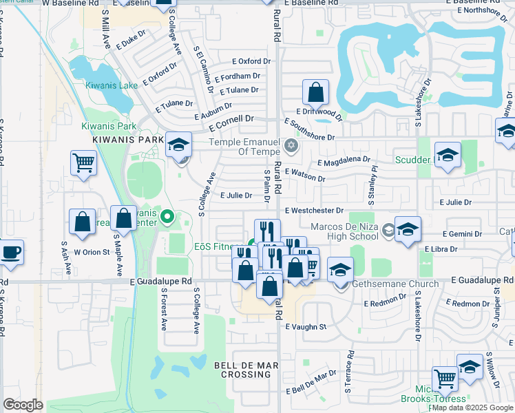 map of restaurants, bars, coffee shops, grocery stores, and more near 620 East Westchester Drive in Tempe