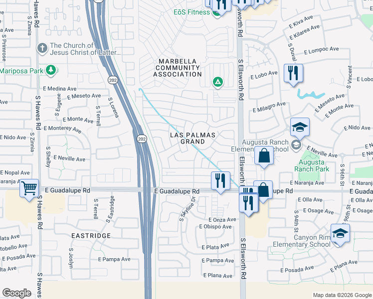 map of restaurants, bars, coffee shops, grocery stores, and more near 2550 South Ellsworth Road in Mesa
