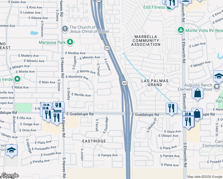 map of restaurants, bars, coffee shops, grocery stores, and more near 8707 East Natal Avenue in Mesa