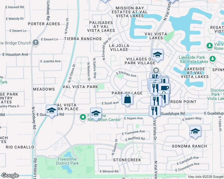 map of restaurants, bars, coffee shops, grocery stores, and more near 1320 East Harvard Avenue in Gilbert