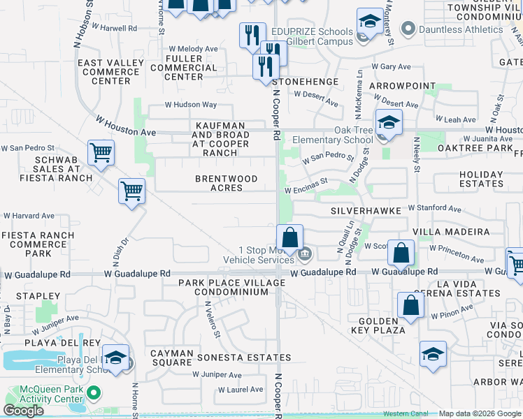 map of restaurants, bars, coffee shops, grocery stores, and more near 905 West Stanford Avenue in Gilbert