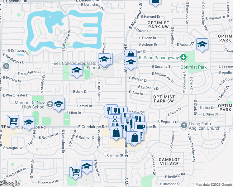 map of restaurants, bars, coffee shops, grocery stores, and more near 1719 East Julie Drive in Tempe