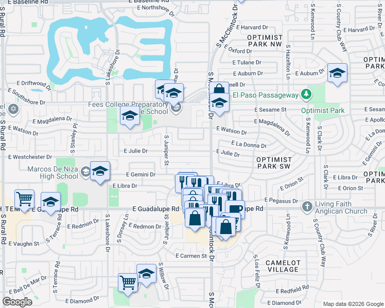 map of restaurants, bars, coffee shops, grocery stores, and more near 1613 East Julie Drive in Tempe