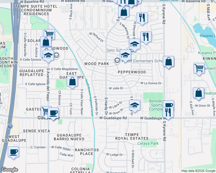 map of restaurants, bars, coffee shops, grocery stores, and more near 918 West Julie Drive in Tempe