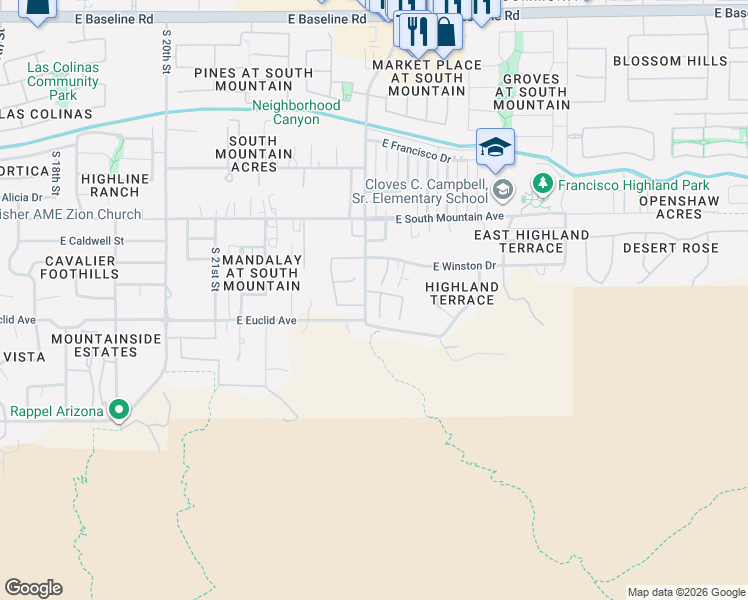 map of restaurants, bars, coffee shops, grocery stores, and more near 2334 East Samantha Way in Phoenix