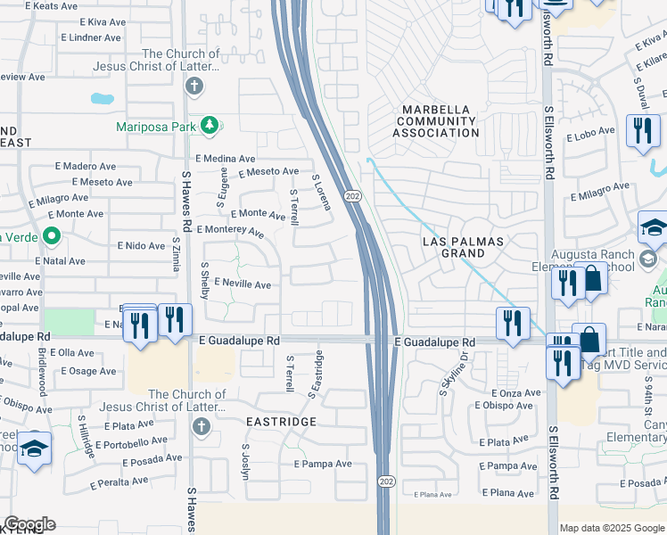 map of restaurants, bars, coffee shops, grocery stores, and more near 8707 East Natal Avenue in Mesa