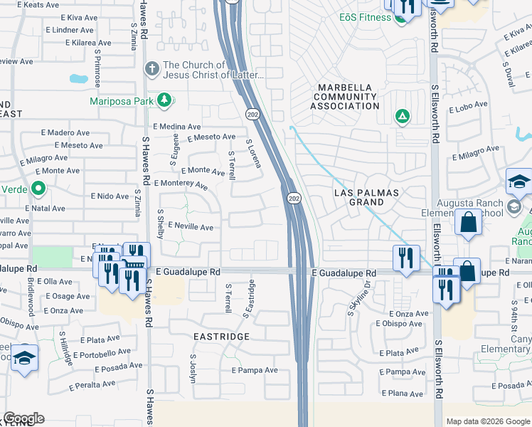 map of restaurants, bars, coffee shops, grocery stores, and more near 8707 East Natal Avenue in Mesa