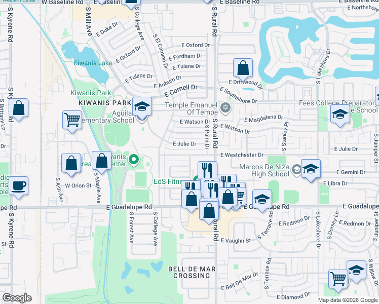 map of restaurants, bars, coffee shops, grocery stores, and more near 508 East Westchester Drive in Tempe
