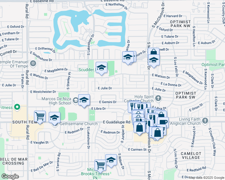 map of restaurants, bars, coffee shops, grocery stores, and more near 1321 East Julie Drive in Tempe