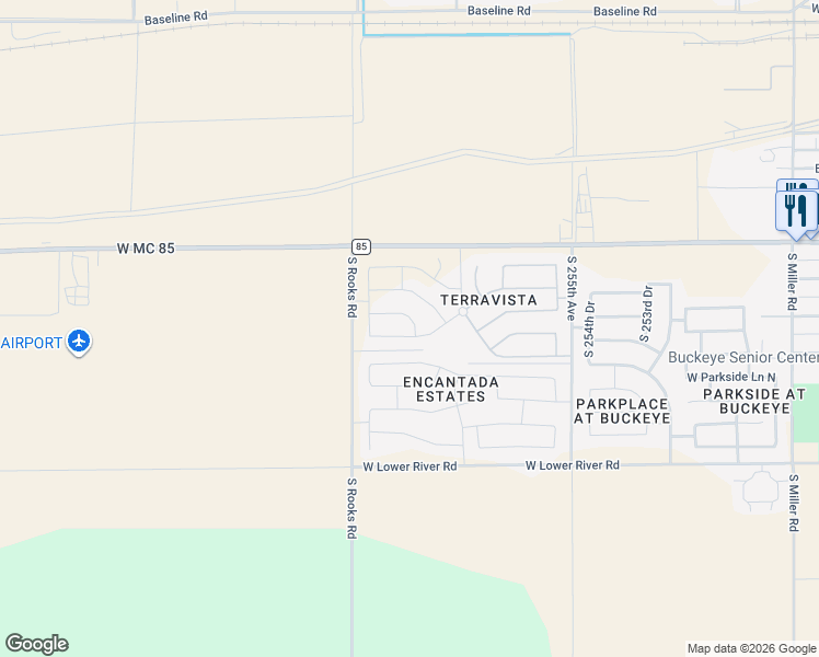 map of restaurants, bars, coffee shops, grocery stores, and more near 25830 West Desert Drive in Buckeye