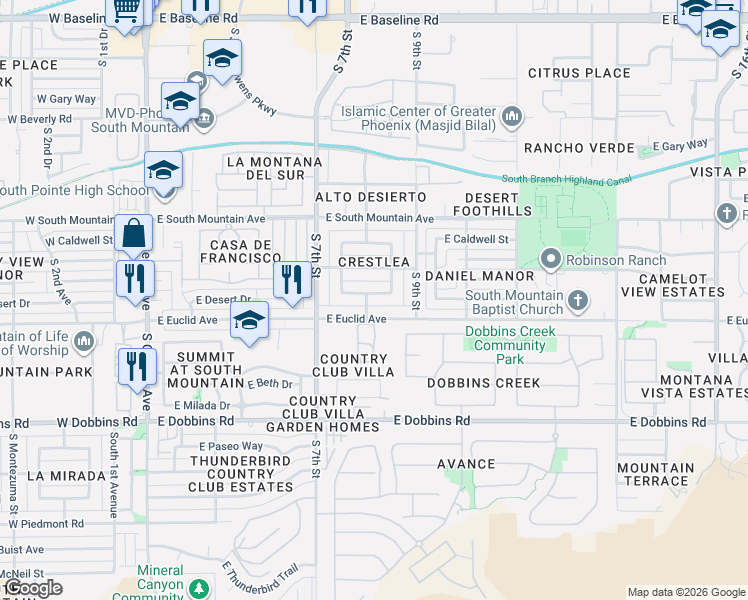 map of restaurants, bars, coffee shops, grocery stores, and more near 807 East Desert Drive South in Phoenix