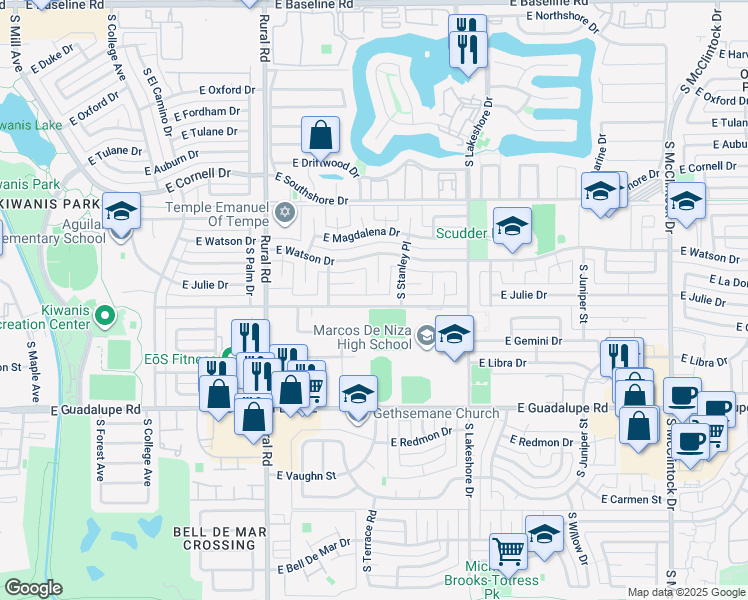 map of restaurants, bars, coffee shops, grocery stores, and more near 1046 East Westchester Drive in Tempe