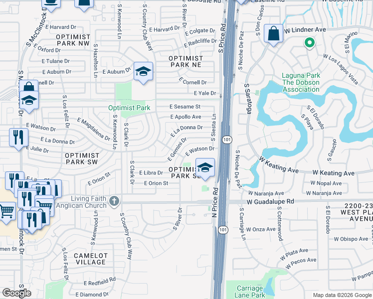 map of restaurants, bars, coffee shops, grocery stores, and more near 2114 East Watson Drive in Tempe