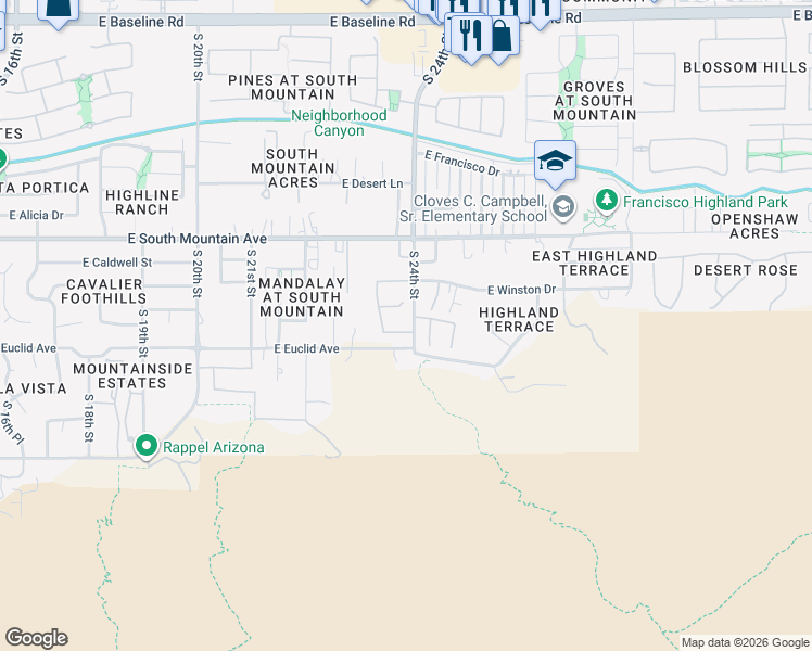 map of restaurants, bars, coffee shops, grocery stores, and more near 2334 East Samantha Way in Phoenix